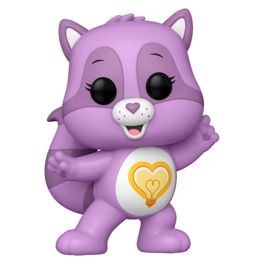 Vue rapprochée de la figurine Bright Heart Raccoon Care Bears Funko POP montrant les détails du visage et des couleurs vives