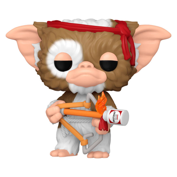 Vue rapprochée de la figurine Funko POP Gizmo avec arc montrant les détails et la qualité du vinyle sous emballage