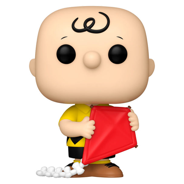 Vue rapprochée de la figurine Funko POP Charlie Brown avec cerf-volant, montrant les détails colorés et la boîte collector