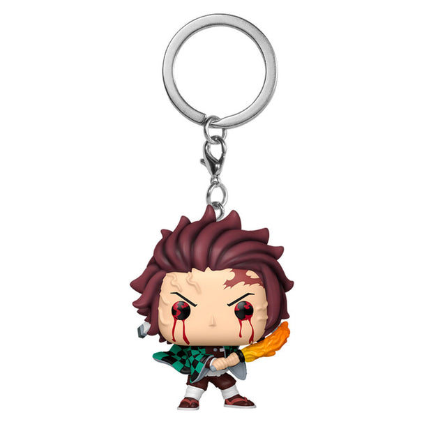 Vue rapprochée du porte-clés Funko Pocket POP Demon Slayer montrant la figurine miniature de Tanjiro Kamado