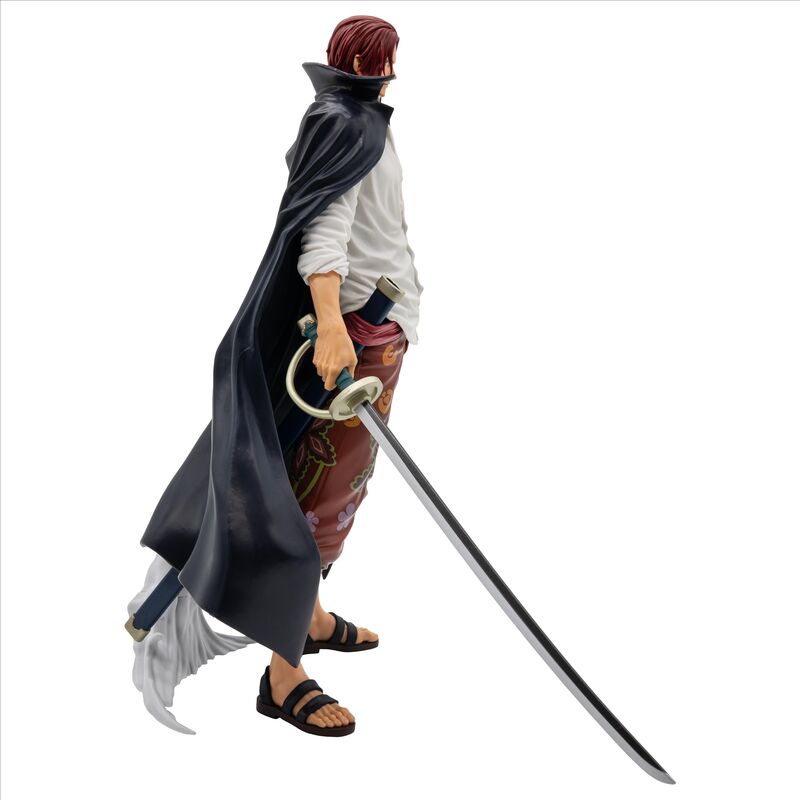 Gros plan sur le visage expressif de la figurine Shanks One Piece avec barbe et cheveux rouges