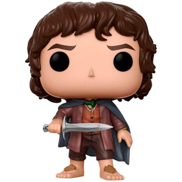 Vue rapprochée de la figurine Funko POP Frodo Baggins avec détails précis du visage et tenue emblématique du personnage.