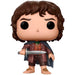 Vue rapprochée de la figurine Funko POP Frodo Baggins avec détails précis du visage et tenue emblématique du personnage.