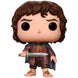 Vue rapprochée de la figurine Funko POP Frodo Baggins avec détails précis du visage et tenue emblématique du personnage.