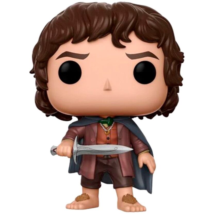 Vue rapprochée de la figurine Funko POP Frodo Baggins avec détails précis du visage et tenue emblématique du personnage.
