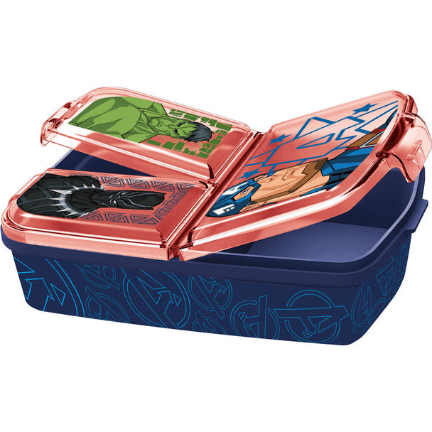 Lunch box Marvel Avengers STOR avec 3 compartiments, plastique sans BPA, dimensions 19,5x16,5x6,7 cm, design coloré et attractif.