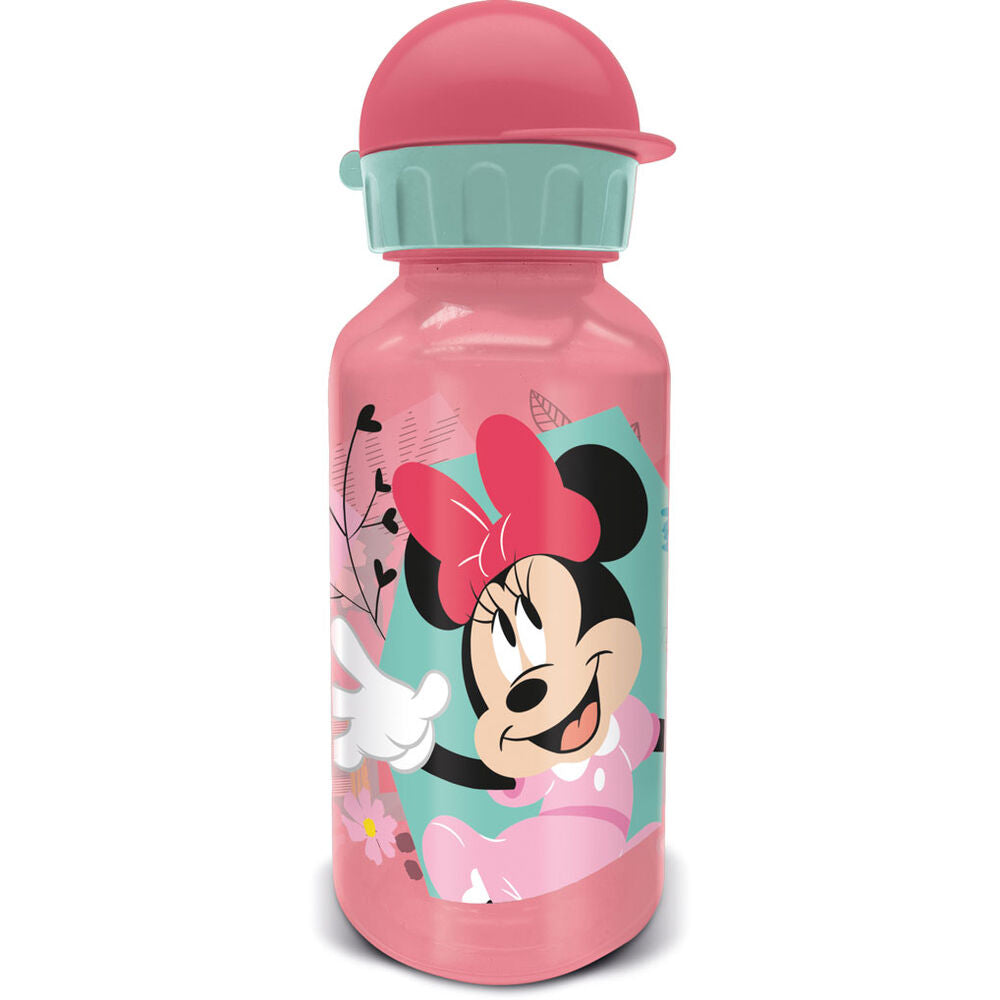 Gourde Disney Minnie 370ml en plastique avec bouchon de sécurité, idéale pour enfants et sorties scolaires.
