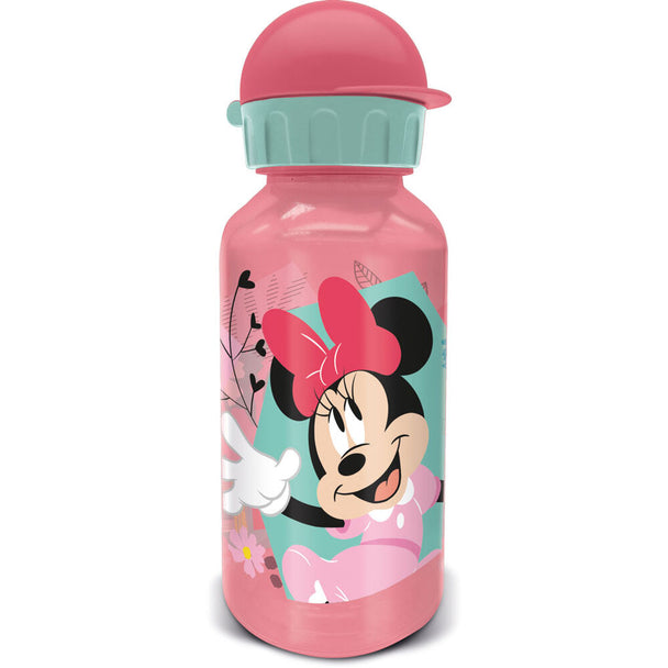 Gourde Disney Minnie 370ml en plastique avec bouchon de sécurité, idéale pour enfants et sorties scolaires.