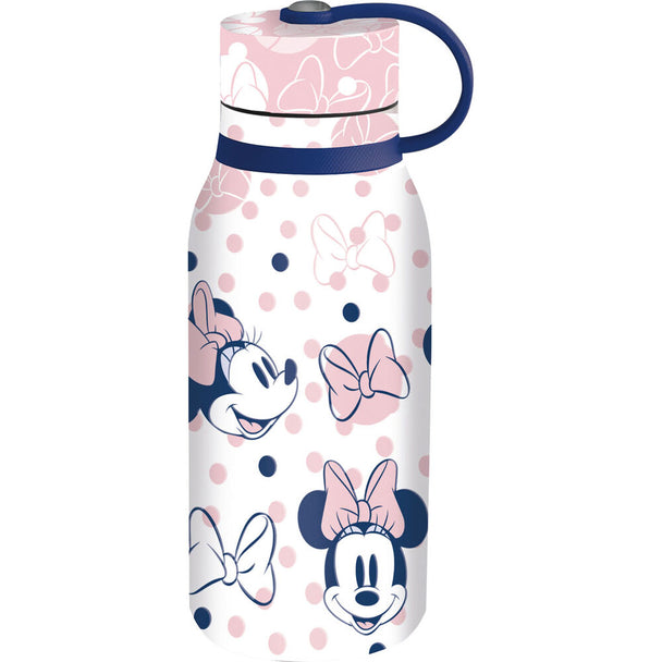 Gourde Disney Minnie en acier inoxydable de 330ml avec bouchon anti-goutte et sangle, design coloré et pratique pour enfants.