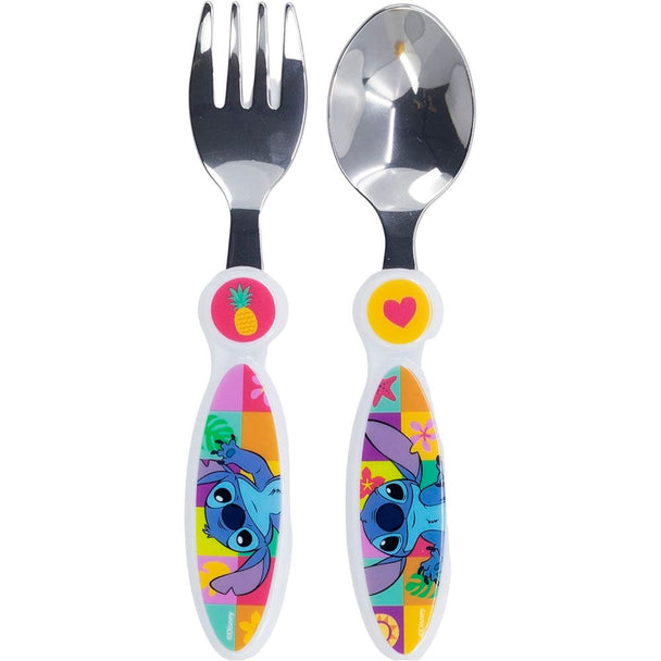 Set de couverts métal Disney Stitch comprenant une cuillère et une fourchette avec design coloré et dimensions compactes