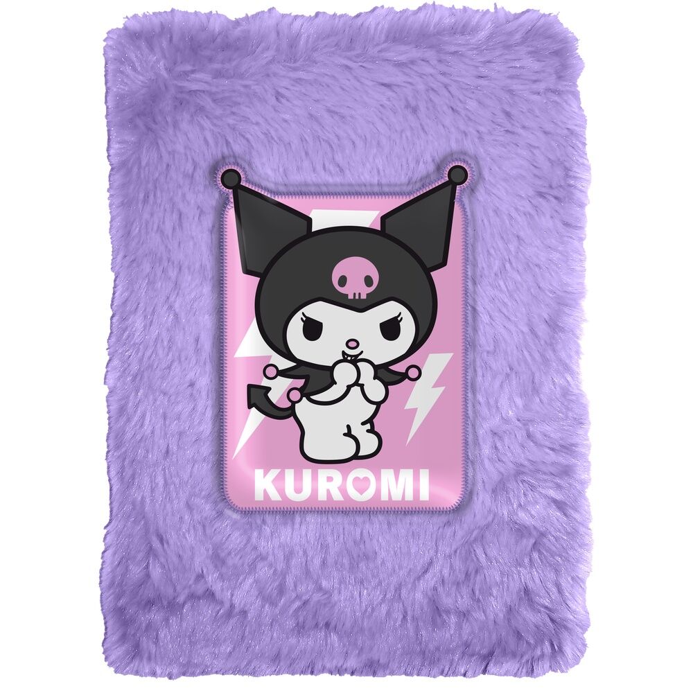 Cahier peluche Hello Kitty Kuromi de 15x21 cm avec couverture douce et design kawaii, idéal pour enfants et collectionneurs.