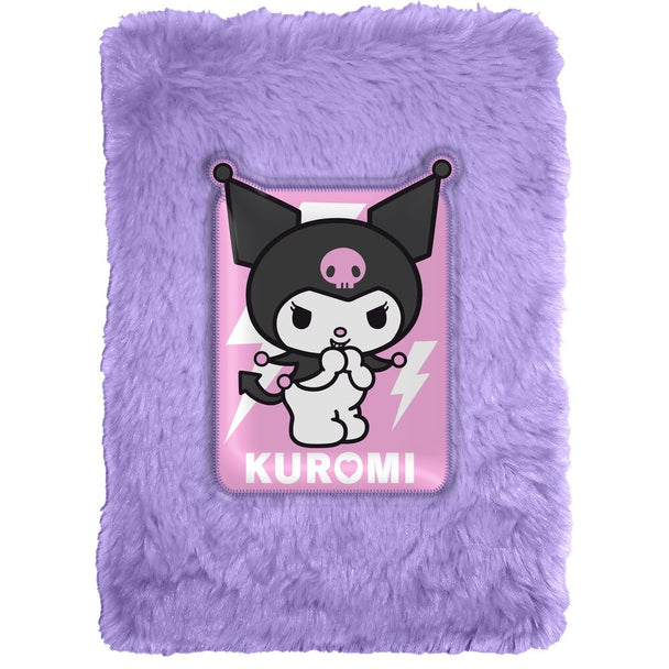 Cahier peluche Hello Kitty Kuromi de 15x21 cm avec couverture douce et design kawaii, idéal pour enfants et collectionneurs.