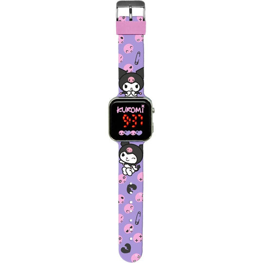 Montre LED Hello Kitty Kuromi KIDS LICENSING vue de face avec bracelet rose et écran lumineux