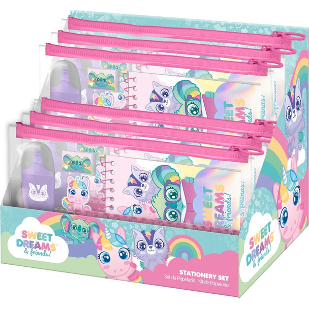 Vue d'ensemble du set papeterie Sweet Dreams 7 pièces avec pochette colorée