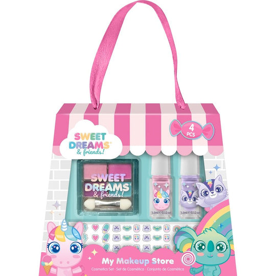 Vue du set de maquillage Sweet Dreams pour enfants avec ses différents accessoires colorés
