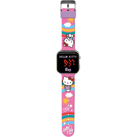 Montre LED Hello Kitty et ses amis avec affichage lumineux sur fond blanc, vue de face.