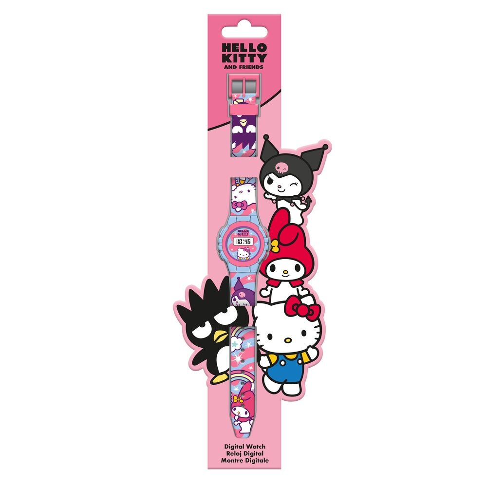 Montre digitale Hello Kitty et ses amis avec bracelet rose et cadran numérique affichant l’heure