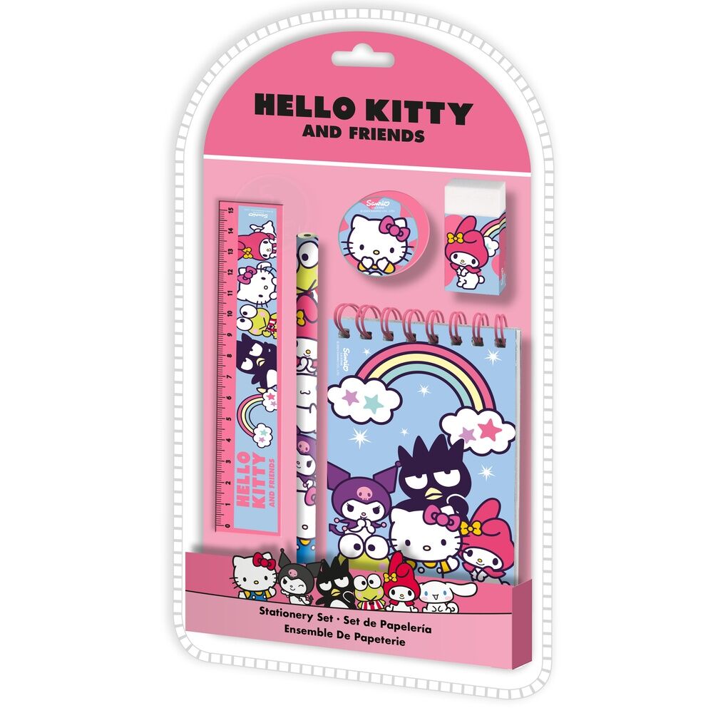 Pack papeterie Hello Kitty et Friends 5 pièces avec crayons, gomme et règle, format 15x26x2cm, design coloré et kawaii.