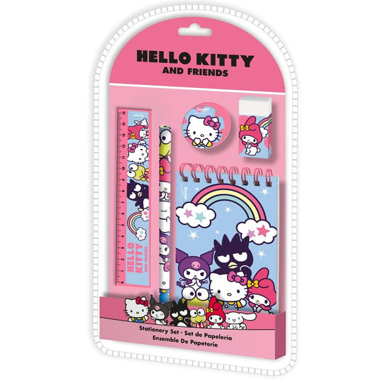 Pack papeterie Hello Kitty et Friends 5 pièces avec crayons, gomme et règle, format 15x26x2cm, design coloré et kawaii.