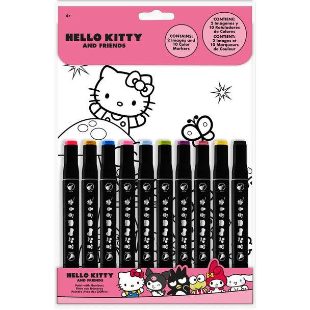Kit de peinture par numéros Hello Kitty et ses amis avec palette de couleurs et pinceaux sur fond blanc, format 20x29cm.