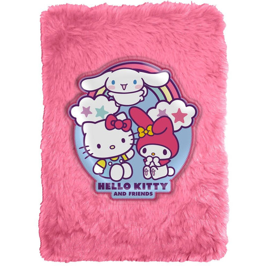 Cahier peluche Hello Kitty and Friends format A5 avec couverture douce et moelleuse, dimensions 15x21x2,5 cm