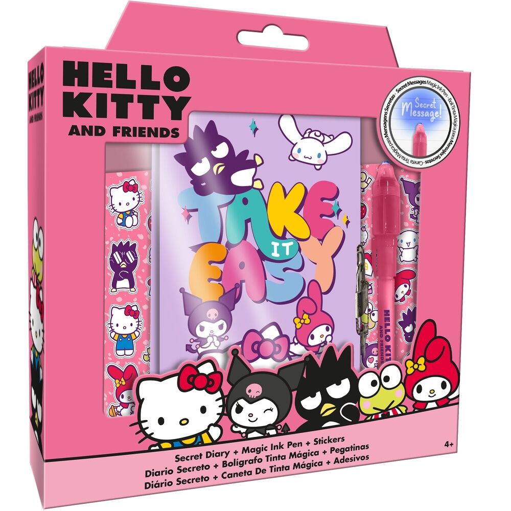 Couverture colorée du journal Hello Kitty et Amis avec illustrations des personnages emblématiques et dimensions 23x22x3cm