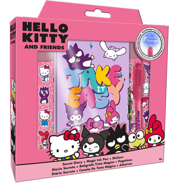 Couverture colorée du journal Hello Kitty et Amis avec illustrations des personnages emblématiques et dimensions 23x22x3cm