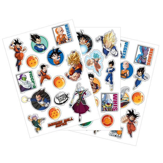Vue détaillée du set de stickers amovibles Dragon Ball Super avec personnages emblématiques sur fond blanc