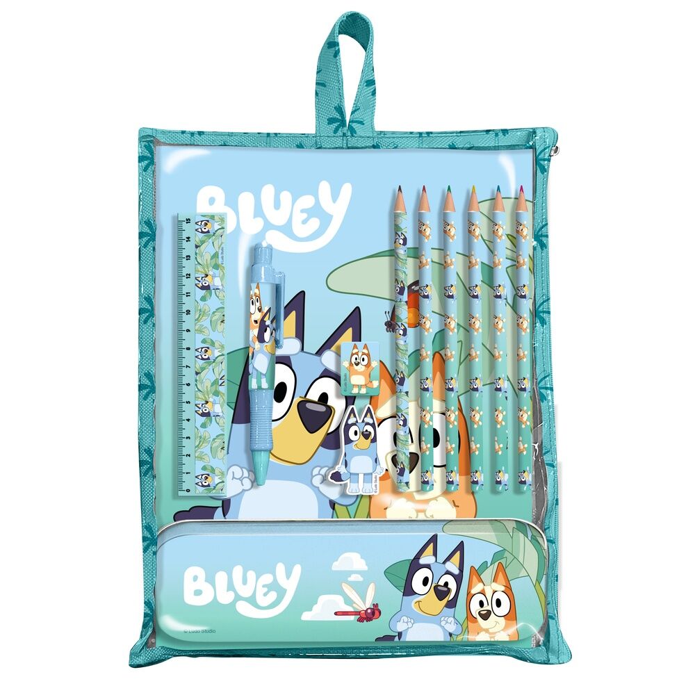 Vue du set de papeterie Bluey KIDS LICENSING avec stylos et accessoires colorés