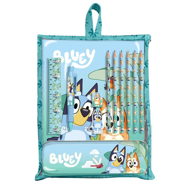 Vue du set de papeterie Bluey KIDS LICENSING avec stylos et accessoires colorés