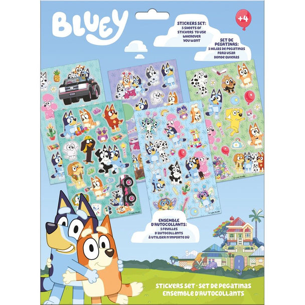 Set de stickers Bluey colorés sur fond blanc montrant différents personnages de la série animée, dimensions 15x25 cm