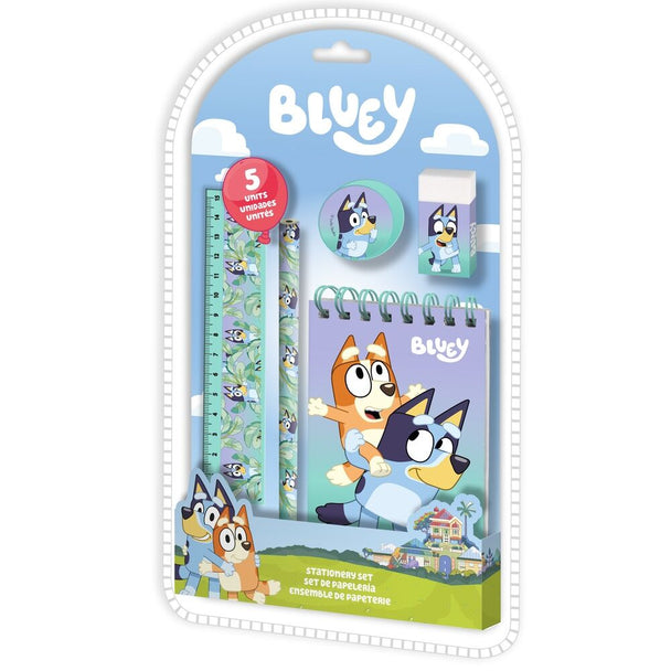 Set de papeterie Bluey coloré avec stylos et accessoires pour enfants, dimensions 15x26x2 cm.