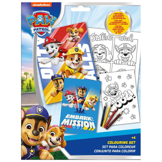 Couverture du set de coloriage Paw Patrol avec les personnages principaux sur fond coloré, dimensions 22,5x29,5 cm