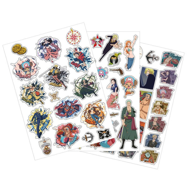 Plan rapproché du set de stickers amovibles One Piece avec plusieurs personnages colorés sur fond blanc