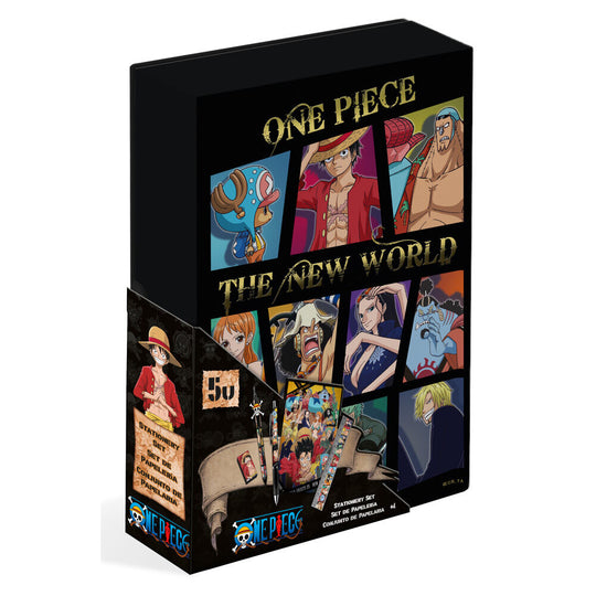 Vue de face de la trousse One Piece 5 pièces avec un design coloré et les personnages emblématiques
