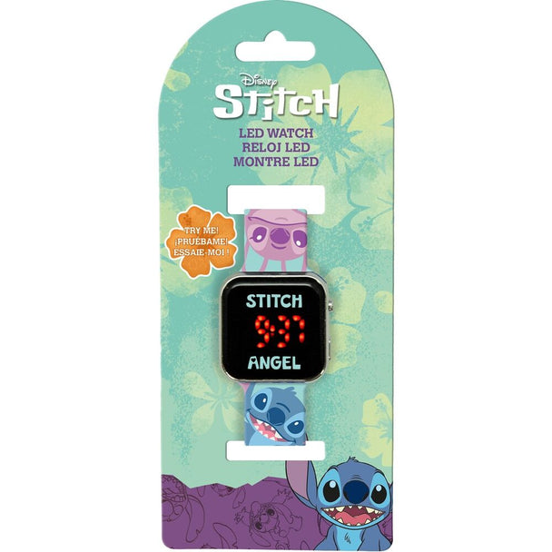 Montre LED Disney Stitch vue de face avec écran lumineux et bracelet coloré pour enfants