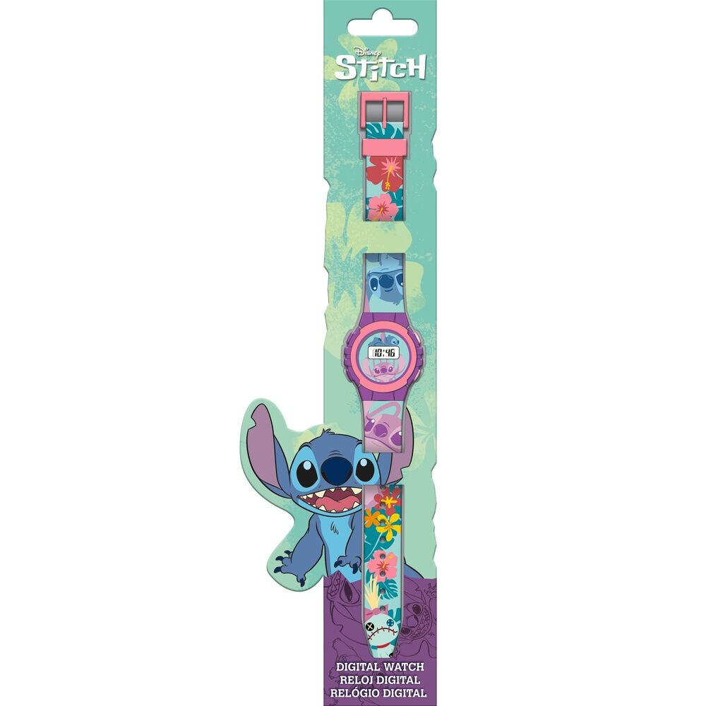 Montre digitale Disney Stitch vue de face avec écran numérique et bracelet coloré pour enfants
