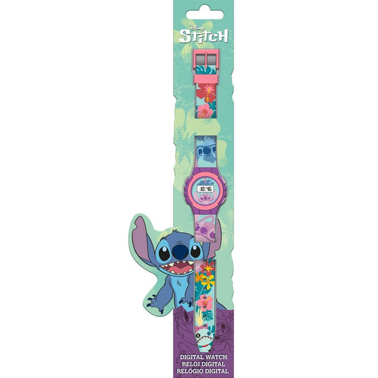 Montre digitale Disney Stitch vue de face avec écran numérique et bracelet coloré pour enfants