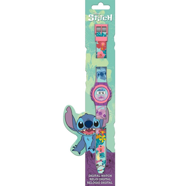 Montre digitale Disney Stitch vue de face avec écran numérique et bracelet coloré pour enfants