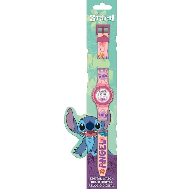 Montre digitale Disney Stitch Angel vue de face avec écran clair et bracelet coloré