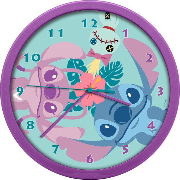Horloge murale Disney Stitch vue de face avec un cadran bleu et le personnage Stitch au centre, diamètre 24,5 cm