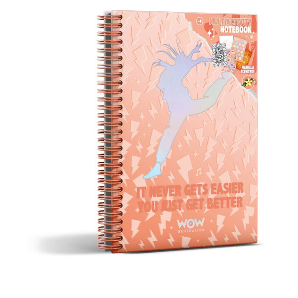 Couverture du cahier Wow Generation Dancer Megan A5 avec illustrations colorées et logo KIDS LICENSING