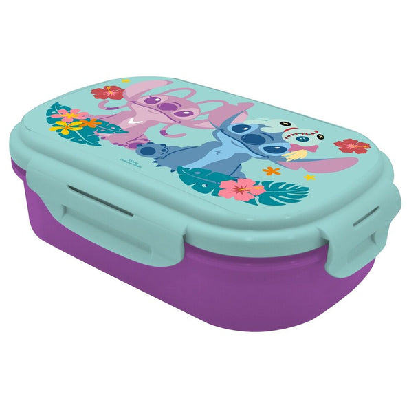 Lunch box Disney Stitch vue de face avec couverts intégrés, dimensions 21x14x6 cm