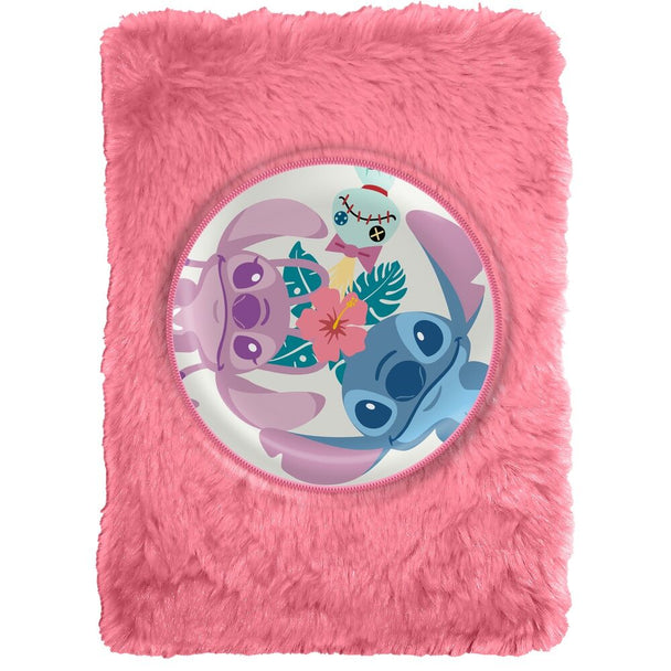 Cahier A5 Stitch Disney en peluche vue de face avec couverture bleue douce et motif Stitch