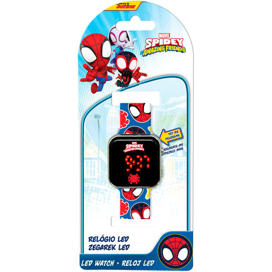 Montre LED Marvel Spidey The Amazing Friends vue de face avec écran lumineux et bracelet coloré