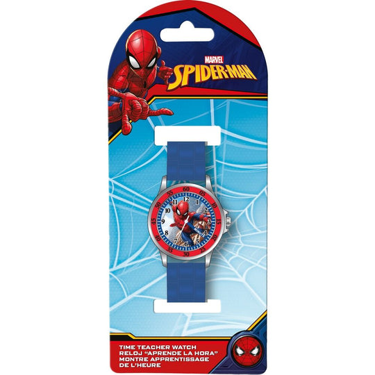 Montre analogique Marvel Spiderman vue de face avec bracelet rouge et cadran illustré du super-héros.