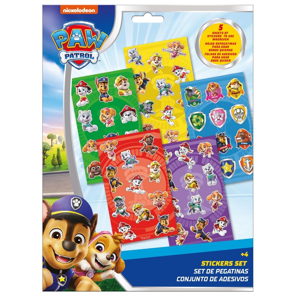 Set de stickers Pat'Patrouille colorés sur fond blanc, format 21x29,5cm