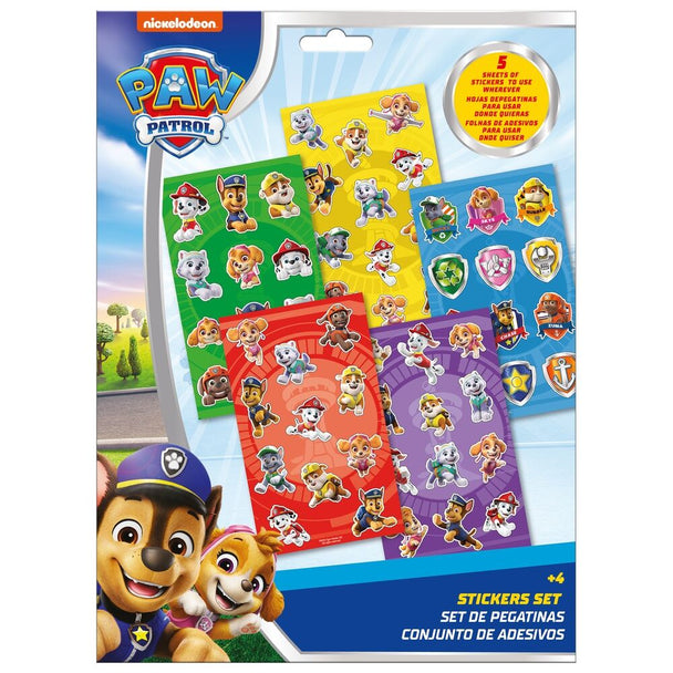 Set de stickers Pat'Patrouille colorés sur fond blanc, format 21x29,5cm