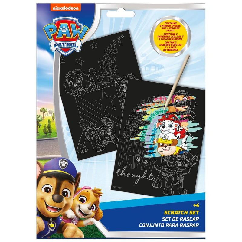 Set papeterie Paw Patrol à gratter avec crayons et accessoires colorés sur fond blanc, format 22,5x29,5 cm