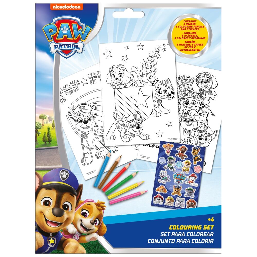 Set de coloriage autocollants Pat'Patrouille avec personnages à colorier et format 21x18,5cm